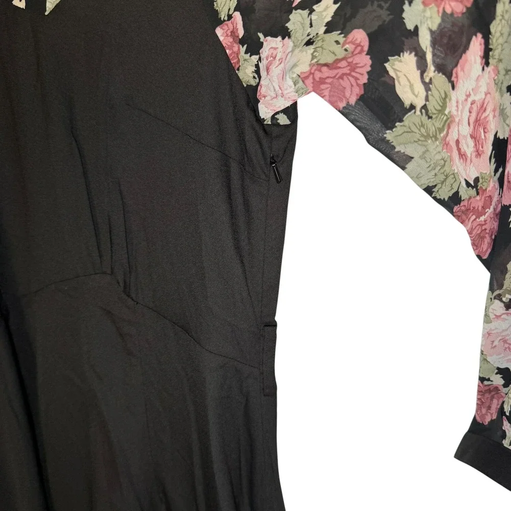 Collectif London‎ Dress 18 Black Floral Mesh Sleeve Retro Rockabilly Pinup Midi